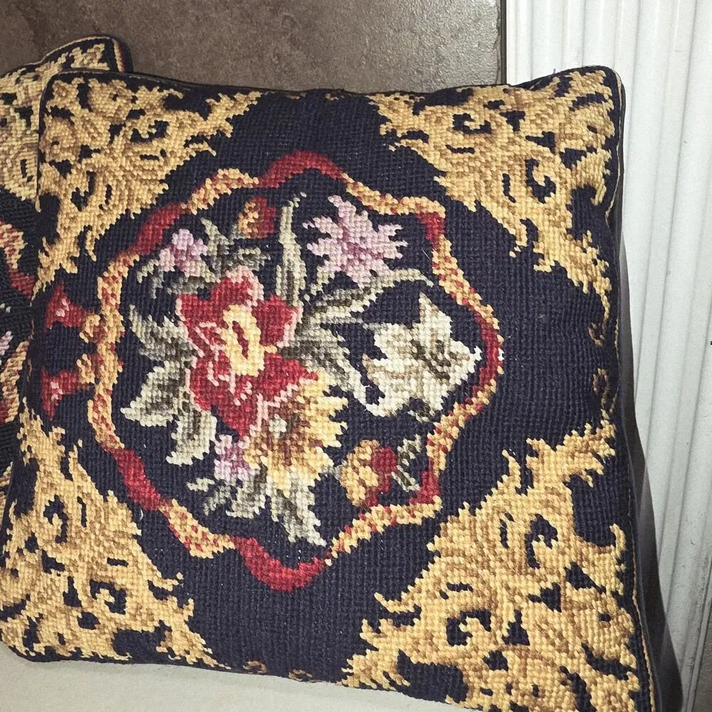 2 Vtg Needlepoint 12x12 Floral Gold Navy Wool Zip Grannycore Sofa Throw Pillows